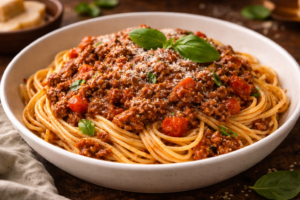 Spaghetti Bolognese with ground beef topped with grated Parmesan and fresh basil in a white bowl