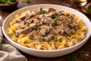 Creamy beef stroganoff with mushrooms served over egg noodles in a white bowl, garnished with parsley