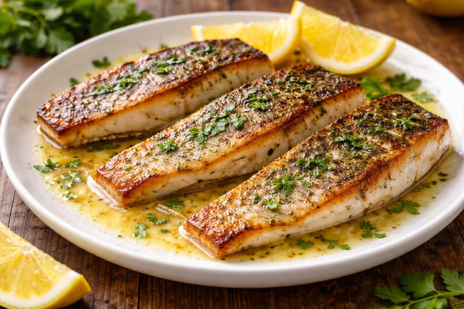 Pan-seared sea bass with crispy golden skin drizzled with lemon butter sauce on a white plate