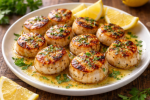 Grilled lemon garlic scallops on a white plate with parsley garnish and lemon wedges
