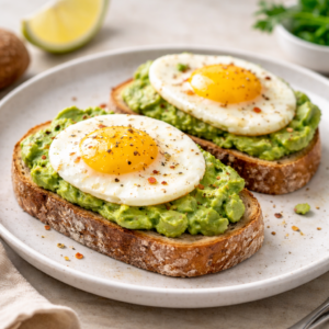 Avocado egg toast on rustic whole-grain bread topped with perfectly cooked eggs, healthy homemade breakfast recipe