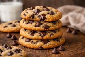 Soft and chewy chocolate chip cookies stacked on a rustic wooden table with melted chocolate chips and golden-brown edges