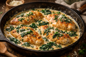 Creamy garlic butter chicken breasts cooked in a skillet with rich cream sauce, wilted spinach, and grated Parmesan cheese