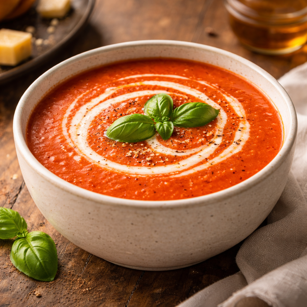 Creamy tomato soup in a ceramic bowl topped with cream and basil, classic homemade soup recipe