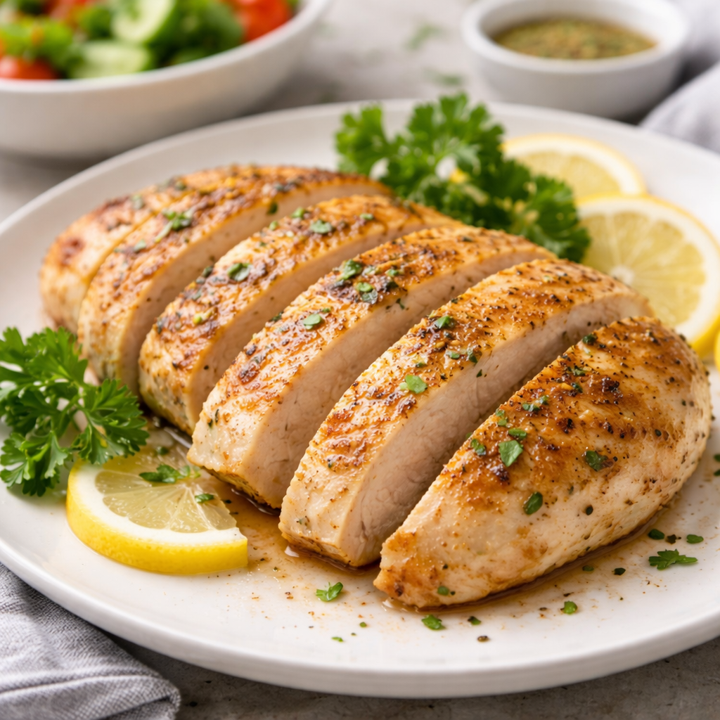 5 ingredient baked chicken breast sliced on a plate, juicy and golden, easy healthy dinner recipe