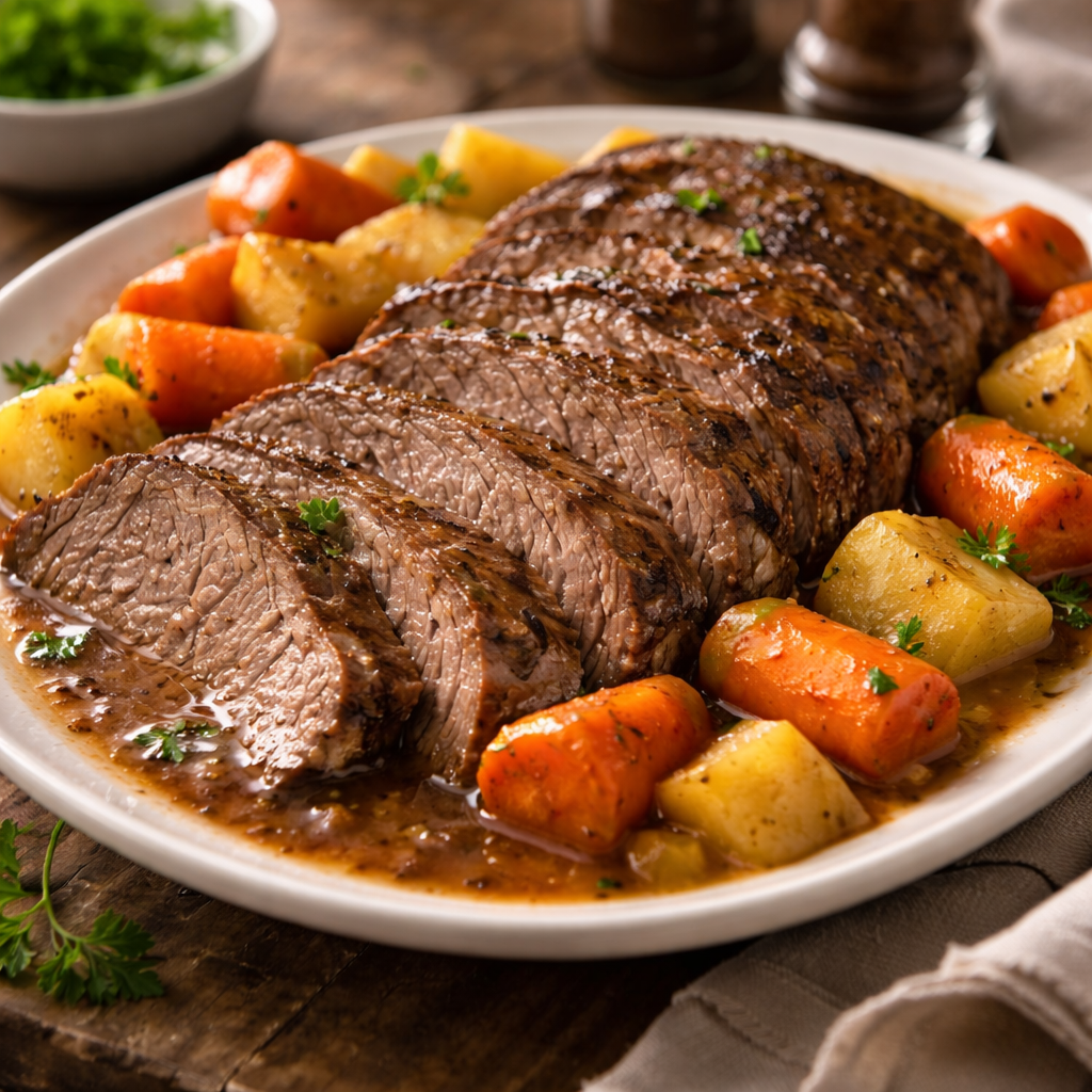 Classic beef pot roast sliced with carrots and potatoes in rich gravy, hearty comfort food dinner