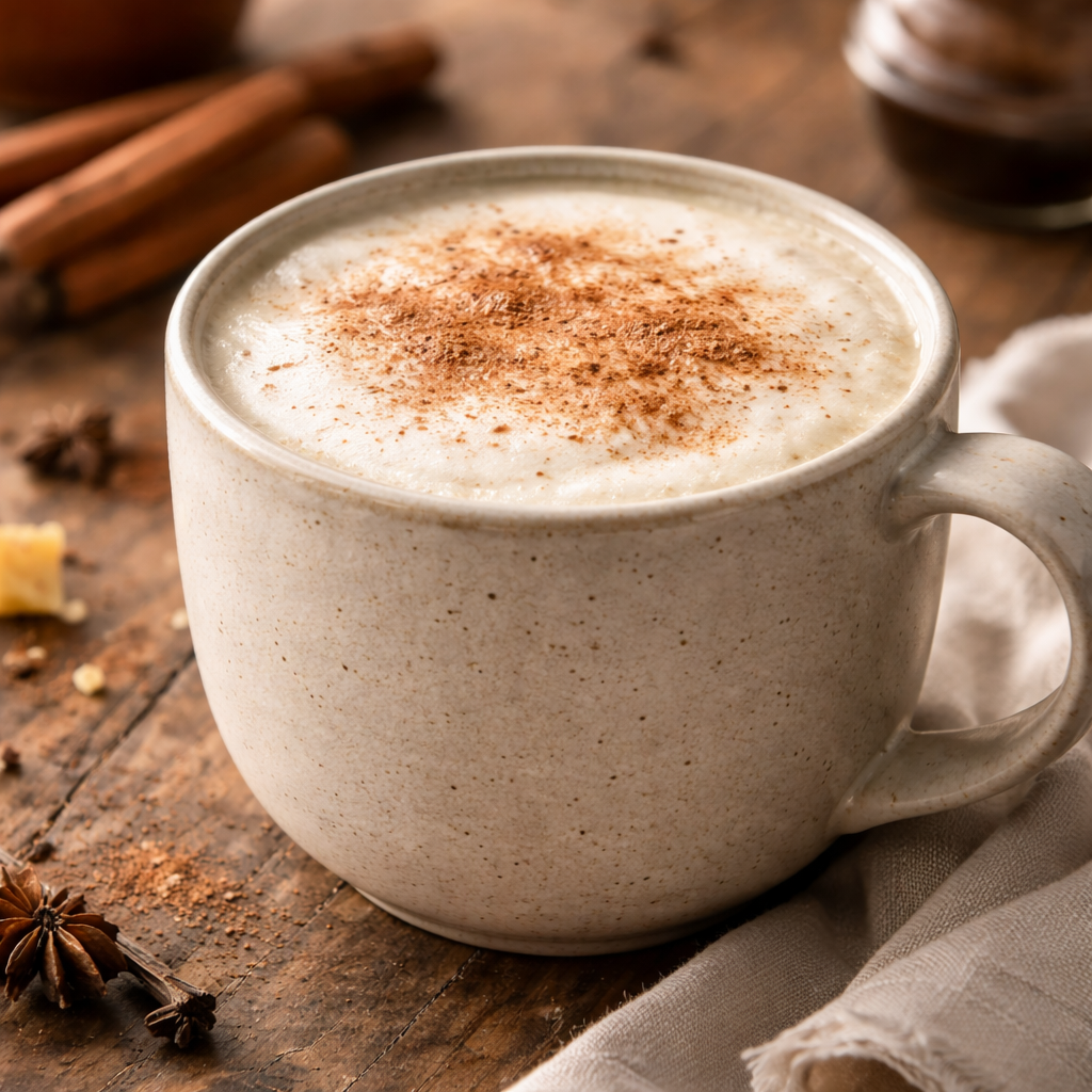 Chai tea latte in a ceramic mug with creamy foam and cinnamon, homemade spiced hot drink