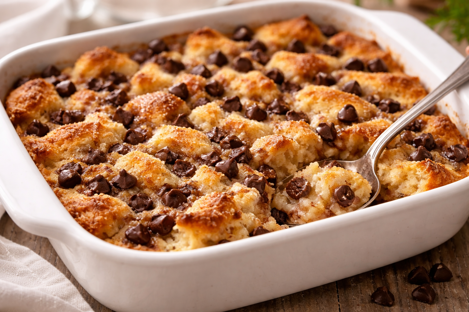 Chocolate chip bread pudding baked in a white dish with golden top and melted chocolate chips, warm homemade dessert