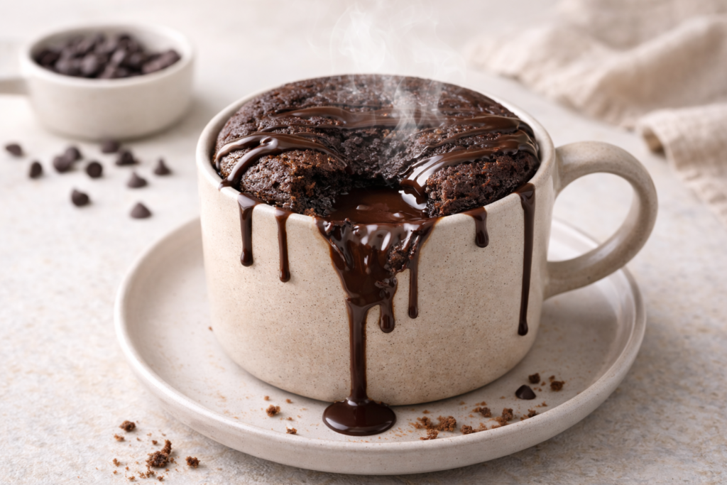 Chocolate lava mug cake in a ceramic mug with molten chocolate center and dark chocolate drizzle, quick microwave dessert