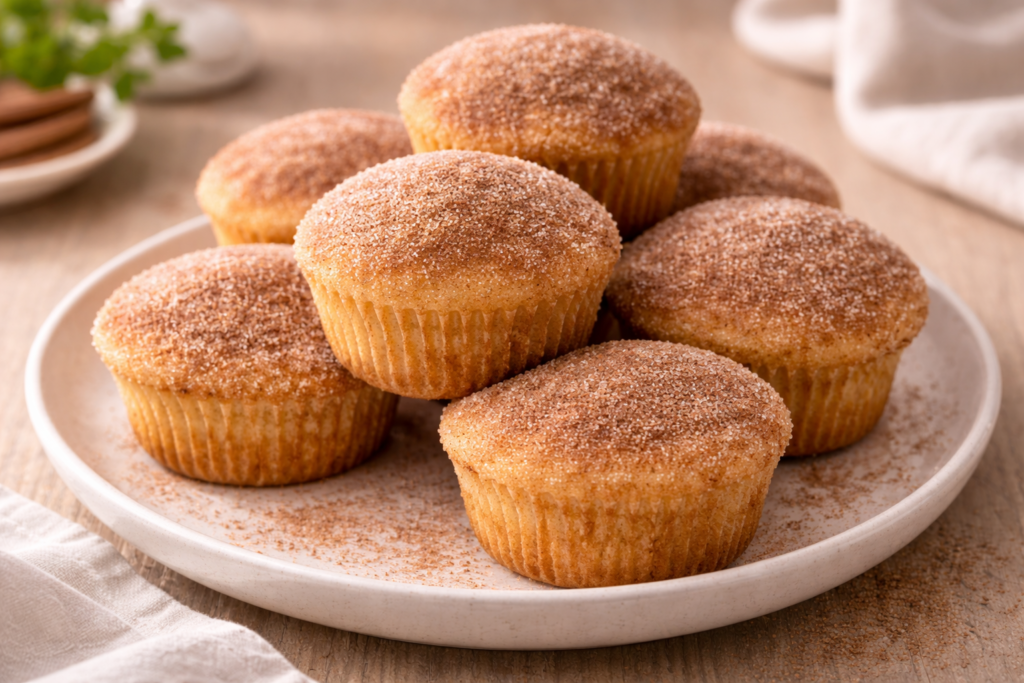 Soft cinnamon sugar donut muffins coated in cinnamon sugar, bakery-style homemade dessert