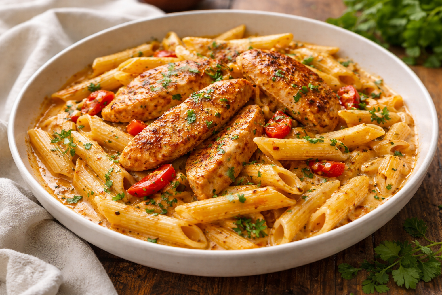 Creamy Cajun chicken pasta with penne, tender sliced chicken, and rich creamy sauce, garnished with fresh parsley