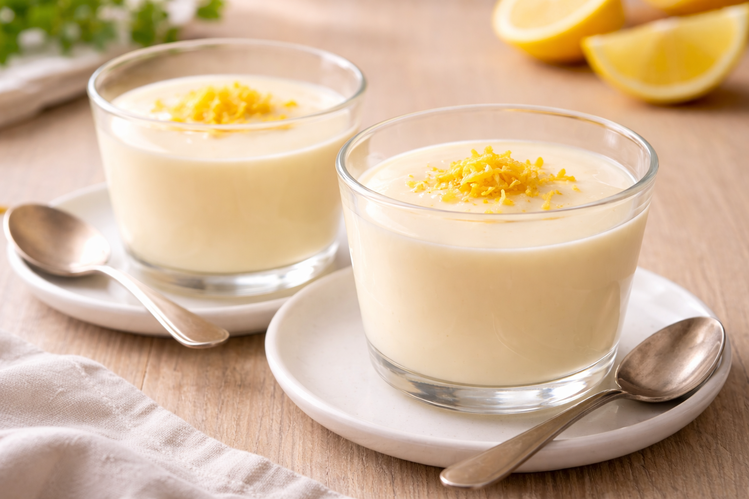 Creamy lemon posset served in clear glass cups with lemon zest garnish, elegant no-bake dessert