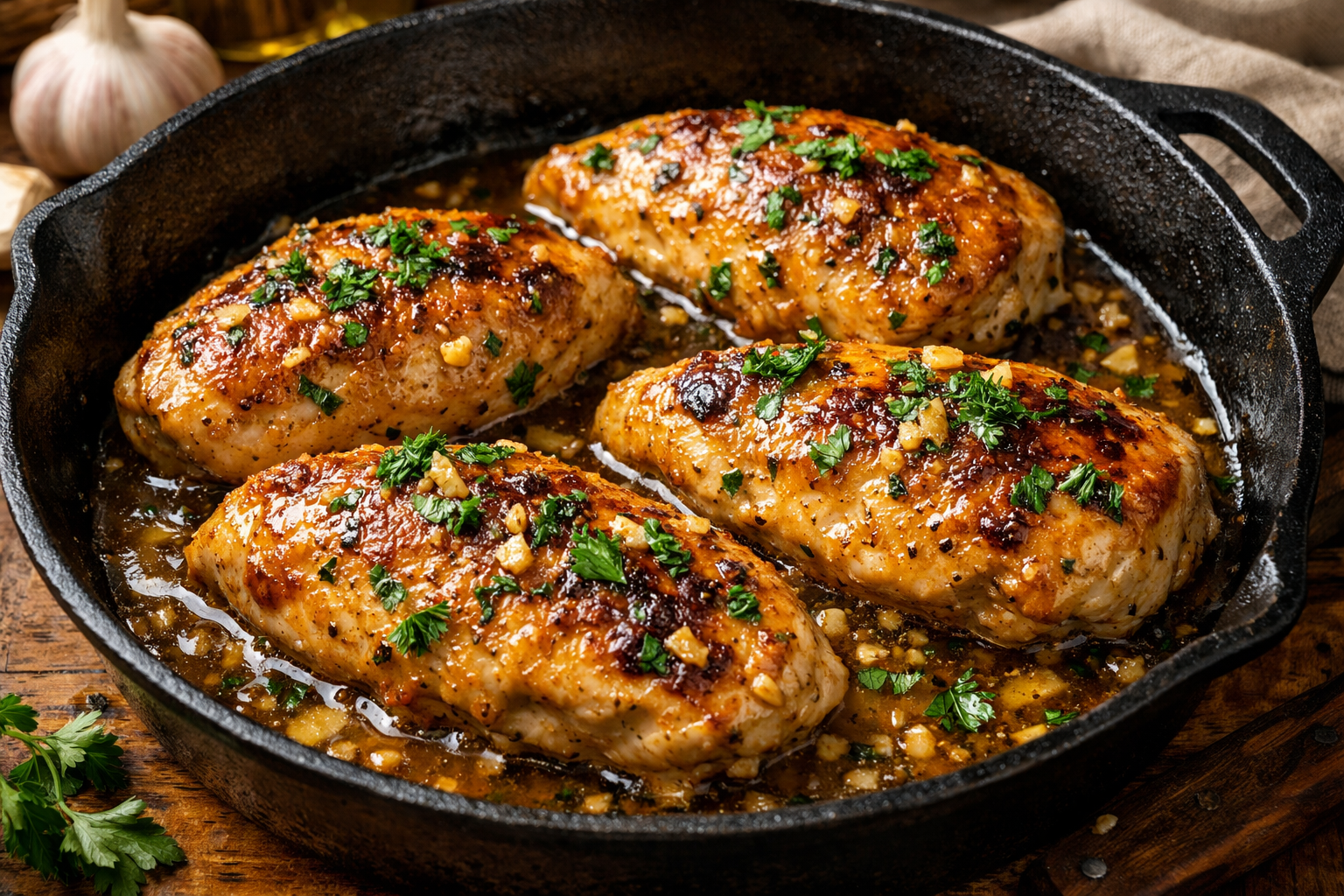 Juicy garlic butter chicken breasts cooked in a cast-iron skillet with golden brown crust, glossy garlic butter sauce, and fresh parsley garnish