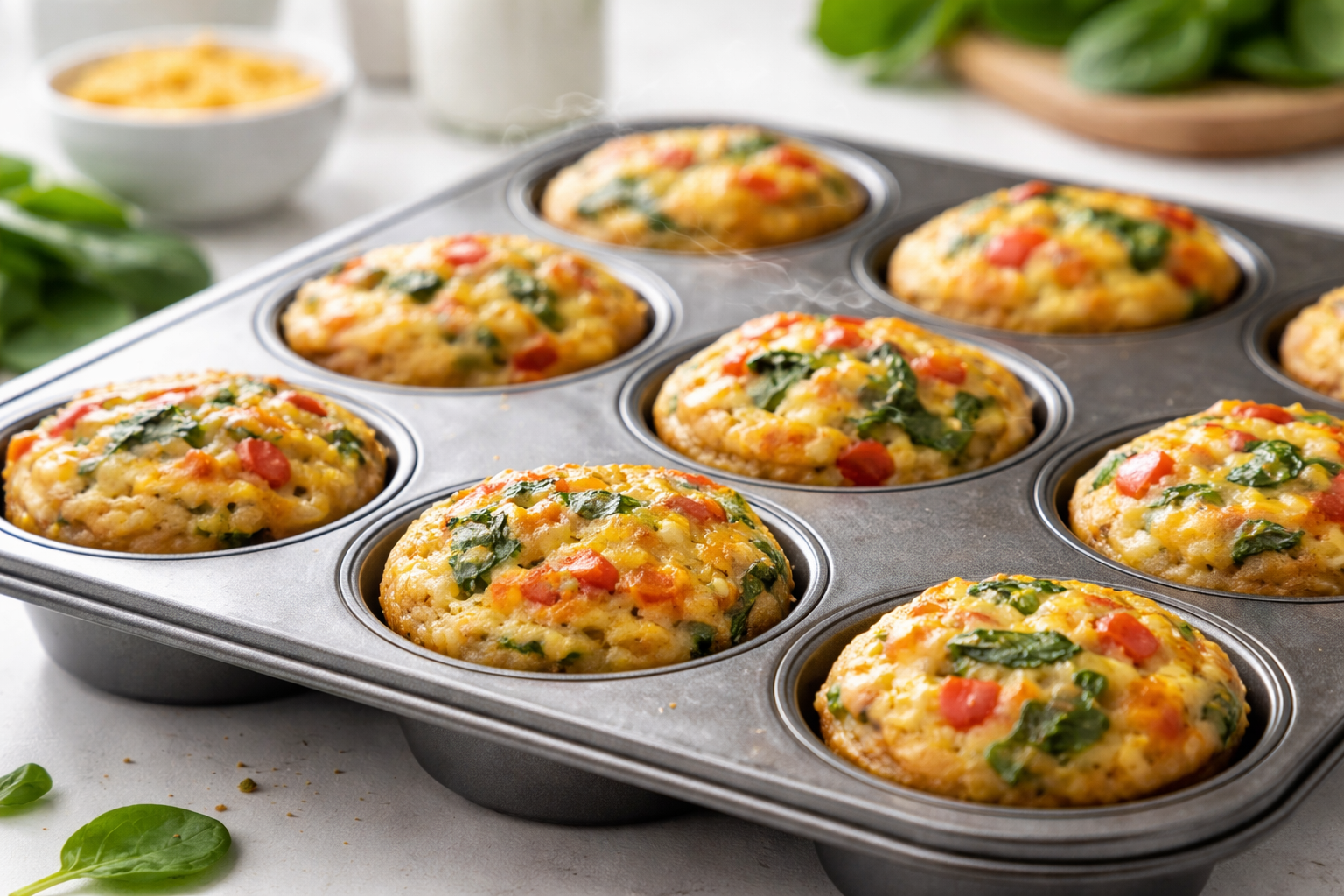 Golden-brown veggie egg muffins baked in a muffin tin with spinach and bell peppers, healthy make-ahead breakfast recipe