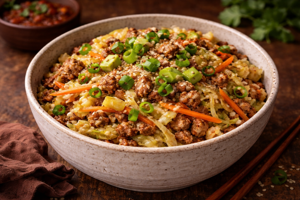 Keto egg roll bowl with ground pork, sautéed cabbage, carrots, garlic, ginger, sesame seeds, and green onions in a rustic bowl
