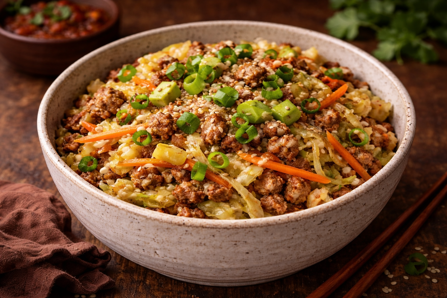 Keto egg roll bowl with ground pork, sautéed cabbage, carrots, garlic, ginger, sesame seeds, and green onions in a rustic bowl