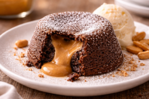 Molten peanut butter lava cake with gooey peanut butter center flowing out of warm chocolate cake, homemade dessert