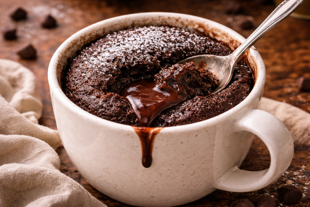 Chocolate coffee mug lava cake with a molten chocolate center in a ceramic mug, topped with powdered sugar and surrounded by chocolate chips