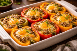 Cheesy breakfast stuffed bell peppers baked with eggs and sausage in a ceramic dish, topped with melted cheddar and green onions