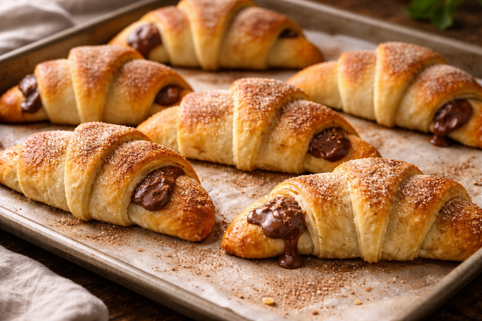 Golden Nutella stuffed crescent rolls on a baking tray with cinnamon sugar and melted chocolate filling