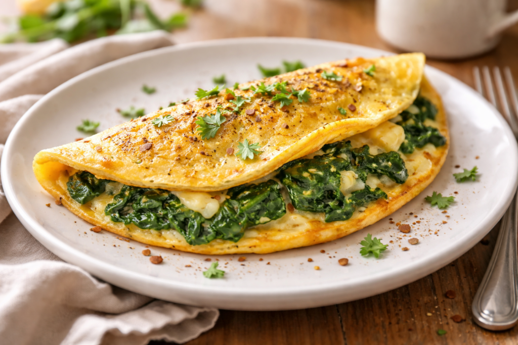 Spinach omelette folded on a white plate with herbs and black pepper